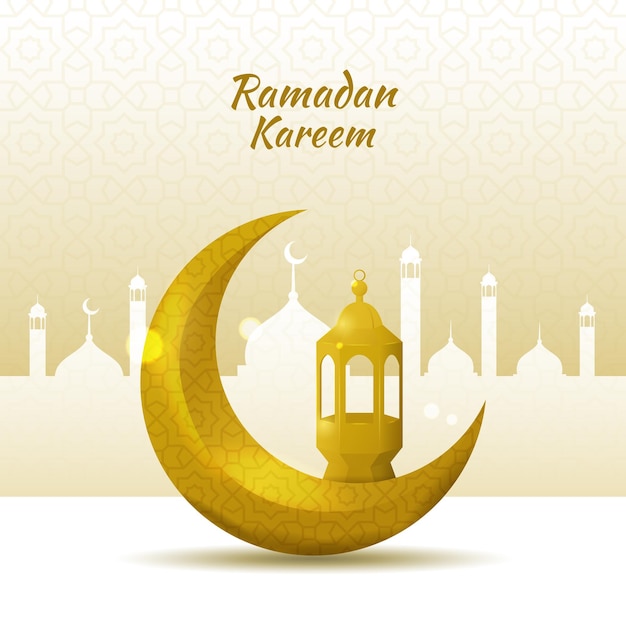 Ramadan kareem greeting background with gold crescent moon and lantern