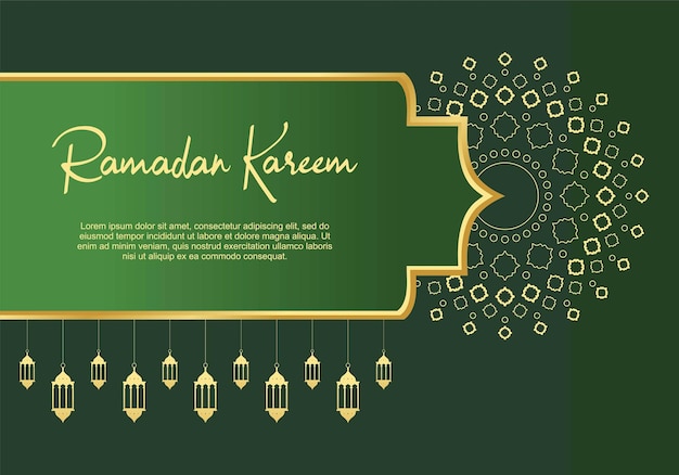 Ramadan kareem greeting card background with islamic ornaments and hanging lanterns on green background