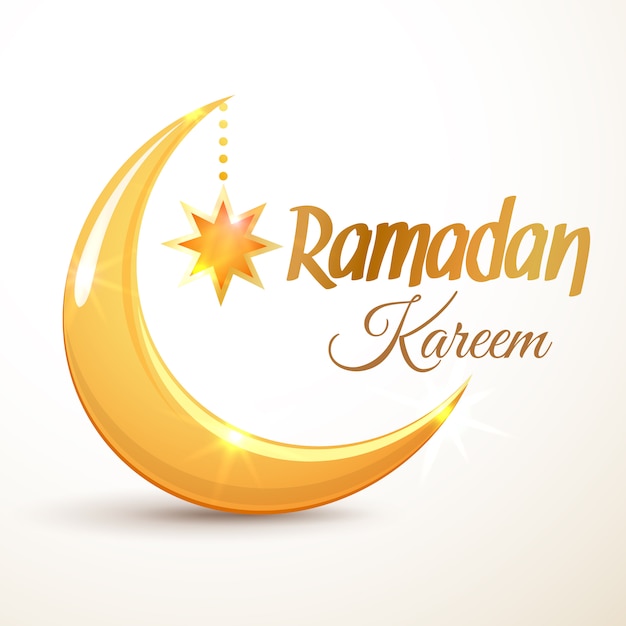 Ramadan Kareem greeting card. Islamic golden crescent moon and star. Illustration for muslim holy month Ramadan. 