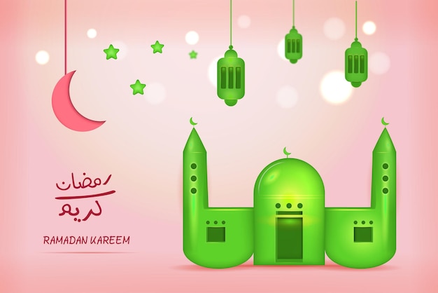 Ramadan Kareem greeting card post template with 3D mosque Islamic square banner for social media