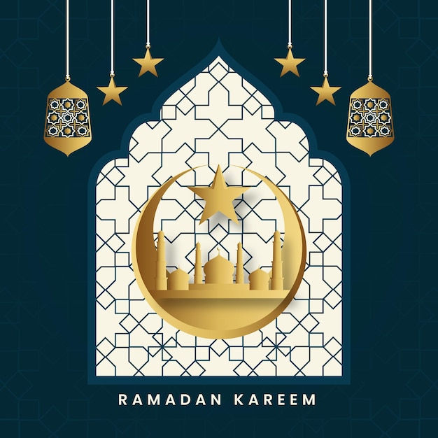 Ramadan kareem greeting card template with lanterns and crescent moon