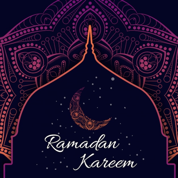 Ramadan Kareem greeting card with calligraphy. Islamic holiday symbols. Crescent moon and mosque dome silhouette with Arabic pattern and calligraphy