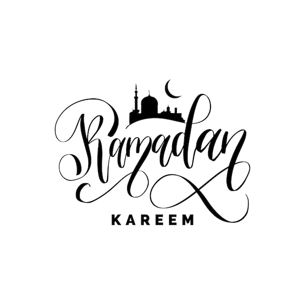 Ramadan Kareem greeting card with calligraphy. Vector illustration of Islamic holiday symbols. Hand sketched mosque, moon. Arabic pattern design background.