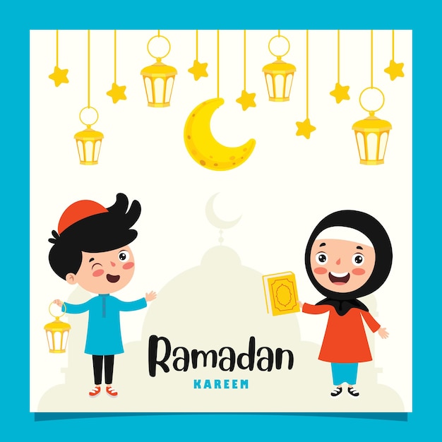 Ramadan Kareem greeting card with children, lamps and crescent moon