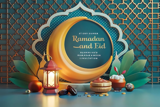 Ramadan Kareem greeting card with islamic geometric patterns crescent moon lanterns mosque and st