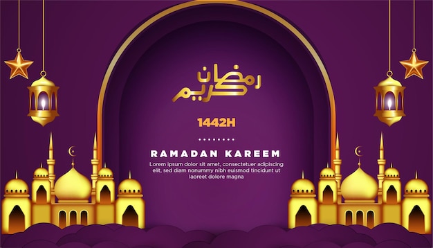 ramadan kareem greeting card with mosque and lamps