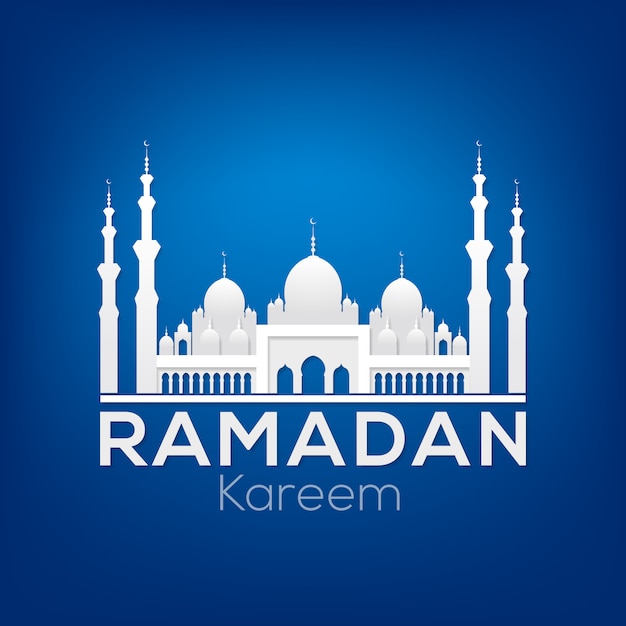 Ramadan Kareem greeting card with white silhouette of a mosque on a dark blue background.