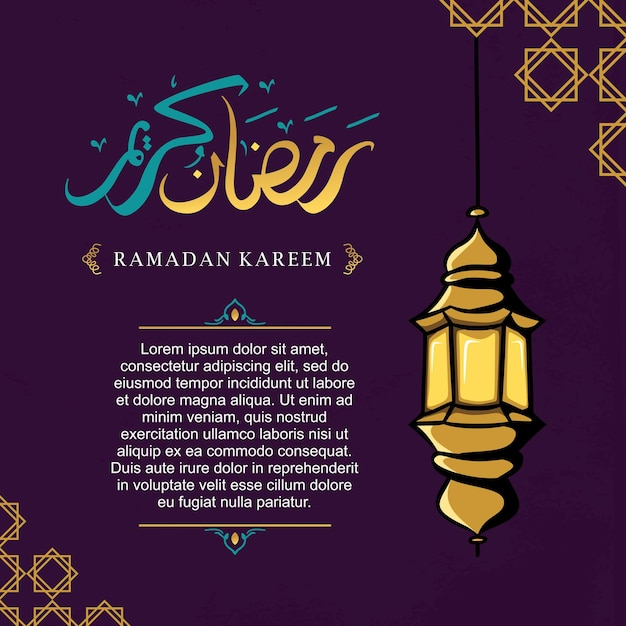 Ramadan kareem greeting design with lantern hand drawn and arabic calligraphy template banner background