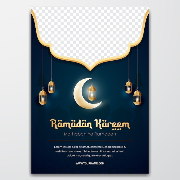 Ramadan kareem greeting flyer design with moon and lantern illusration