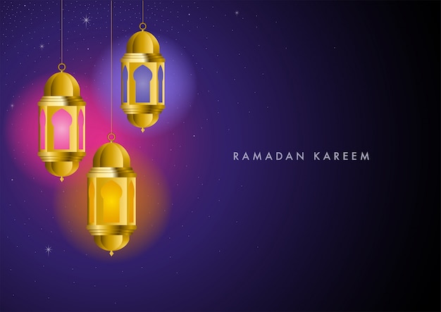 Ramadan Kareem greeting with colorful lights from hanging lanterns