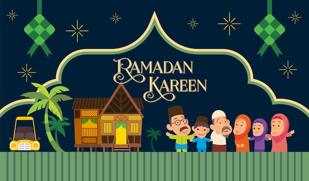 Ramadan kareem greeting with muslim family celebrate festival in traditional malay village