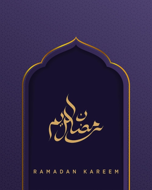 Ramadan Kareem greetings design with mihrab and ramadan kareem calligraphy on purple background