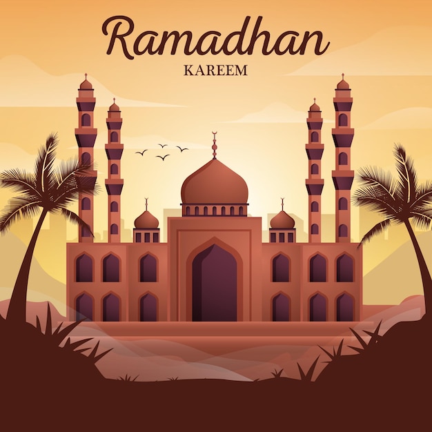 Ramadan Kareem Greetings poster green background with mosque