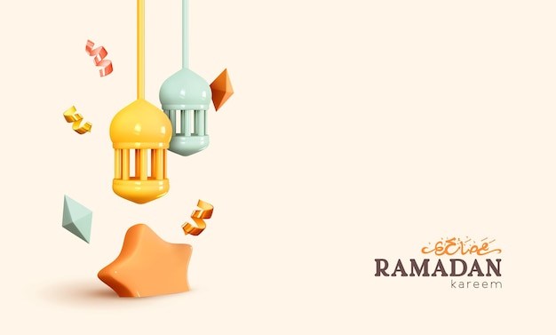 Ramadan Kareem holiday background. Realistic 3d design elements, hanging lanterns, volume stars, falling gold confetti. Celebrate holy month of Ramadan. Flyer, stylish brochure, greeting card, cover.