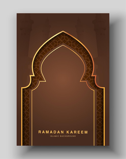 Ramadan Kareem holiday card design with 3d golden mosque door texture