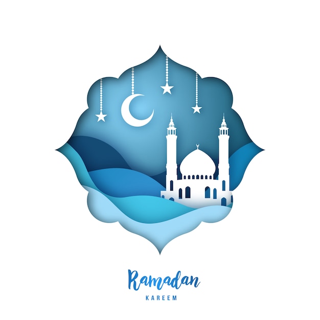 Ramadan Kareem illustration with arabic Origami Mosque.