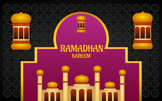 Ramadan kareem illustration with mosque and lantern on black background