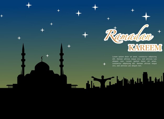 Ramadan Kareem illustration with mosque silhouette and starlight and moon Template social media