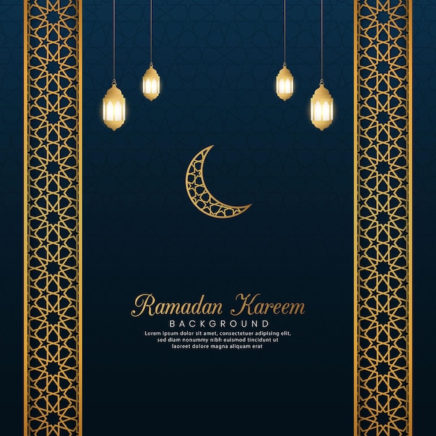 Ramadan Kareem Islamic Arabic Blue Luxury Background with Geometric pattern Border and Lanterns