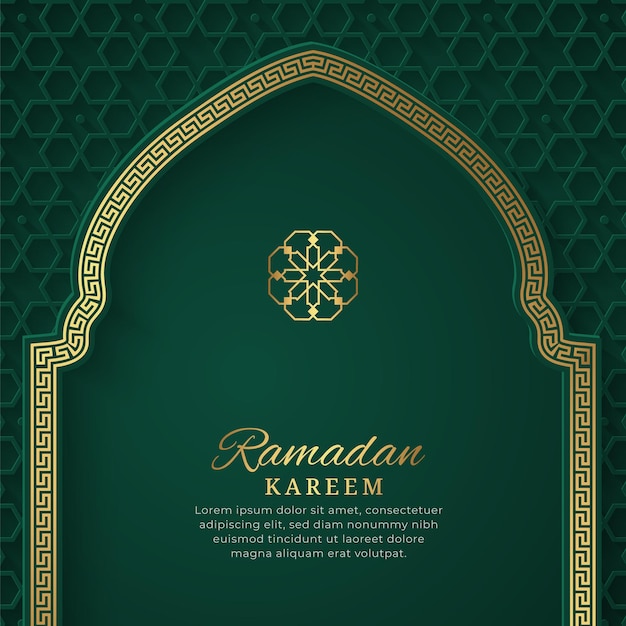 Ramadan Kareem Islamic Arch Green and Golden Luxury Ornamental Background with Islamic Pattern