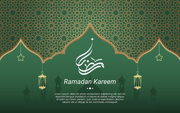 Ramadan Kareem Islamic Background with Calligraphy Lantern Mosque Vector Illustration