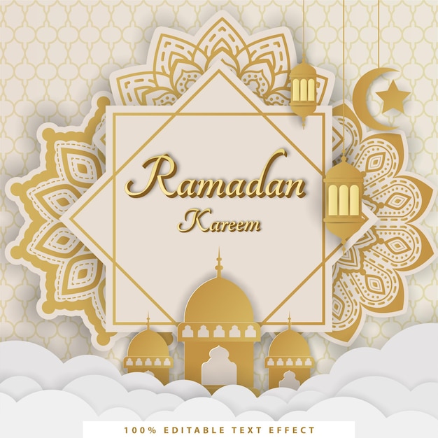 Ramadan kareem islamic background with gold white paper cut style