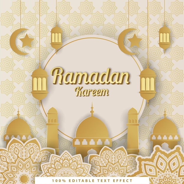 Ramadan kareem islamic background with gold white paper cut style