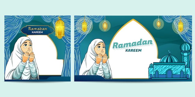 Ramadan Kareem Islamic Background With Praying Woman Premium Vector