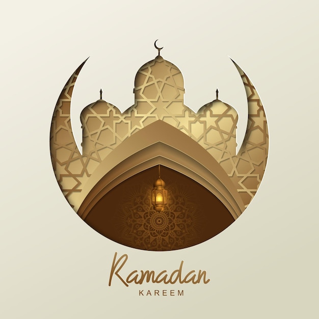 ramadan kareem islamic design with golden lantern and mosque silhouette geometric