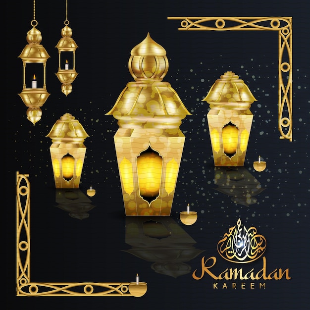 Ramadan kareem islamic greetings decorative background with golden ornament premium vector