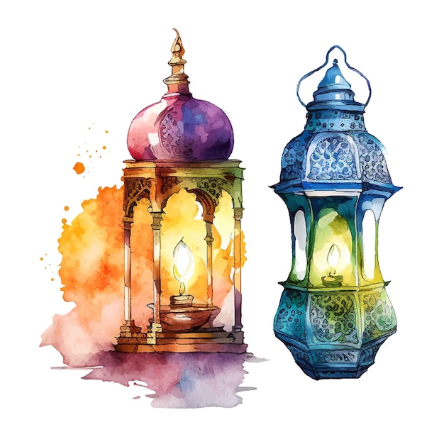 Ramadan kareem islamic lantern watercolor illustration vector