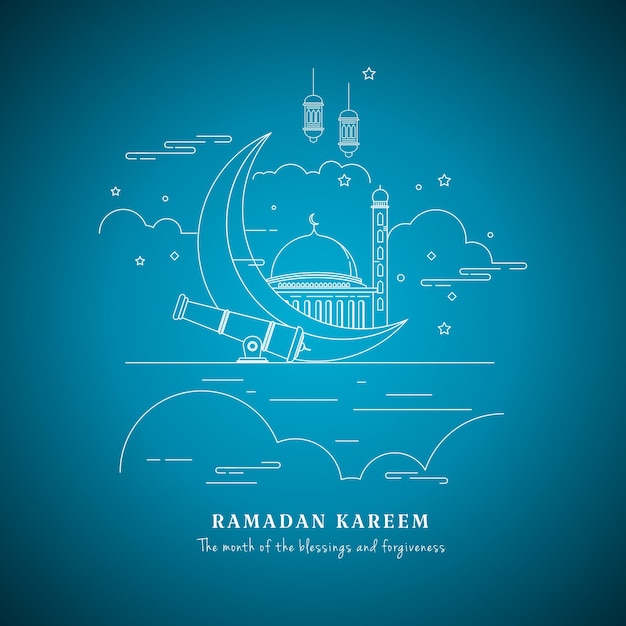 Ramadan Kareem in line art style with blue background