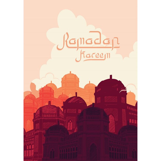 Ramadan Kareem in line art style with popular iconic symbol using in design cresent lantern mosqu