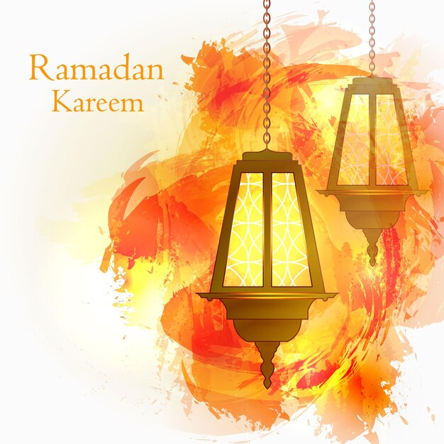 Vector ramadan kareem. the month of ramadan. muslim post. islamic holiday. burning lights on the chain. orange watercolor background. vector illustration.