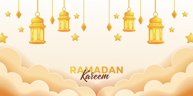 Ramadan kareem mubarak hanging 3d cute golden fanous arabic lantern with cloud and light color for islamic event