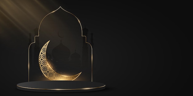 Ramadan Kareem podium on the background of the old city and mosque Islamic traditional frame Luxurious brilliant golden moon with islamic ornament Light effect Eid Mubarak Vector illustration