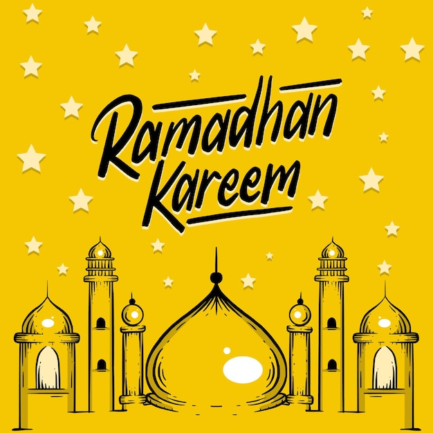 Ramadan Kareem poster design with mosque and lantern lamp hand drawn vector illustration