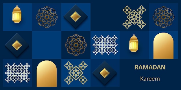 Ramadan Kareem poster Islamic postcard banner template Modern design with geometric pattern and traditional ornaments in blue gold purple Geometric mosaic Vector