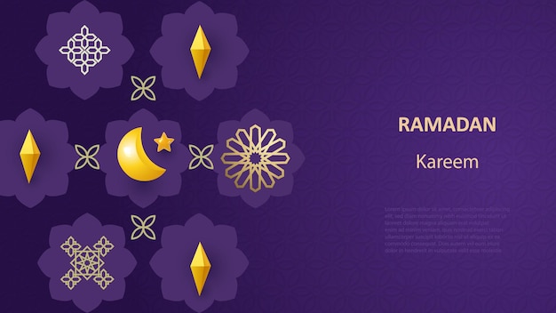 Ramadan Kareem poster Islamic postcard banner template A modern design with a geometric pattern and traditional ornaments in gold and purple Vector