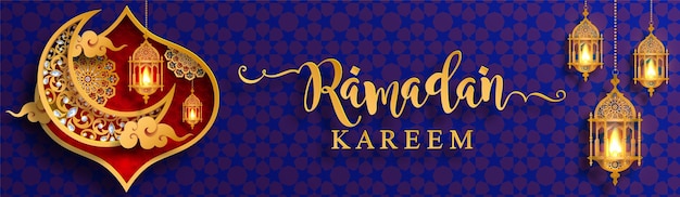 Ramadan Kareem, Ramadhan or Eid mubarak by Muslims greeting background Islamic with gold patterned and crystals on paper color background.( Translation : Ramadan Kareem )