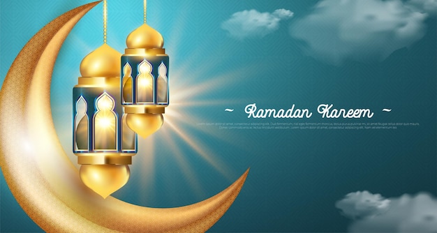 Ramadan kareem Realistic with golden Lanterns and glittering crescent moon.