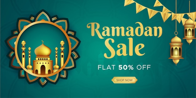 Ramadan kareem sale banner web header design with hanging intricate lanterns template