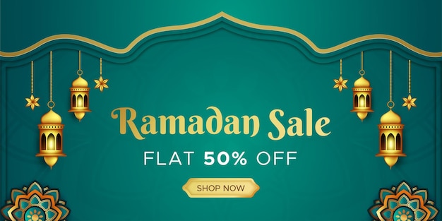 Ramadan kareem sale banner web header design with hanging intricate lanterns template