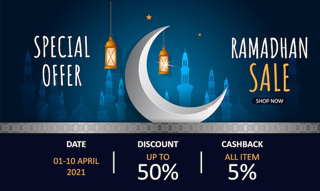 Vector ramadan kareem sale banner with lanterns and crescent