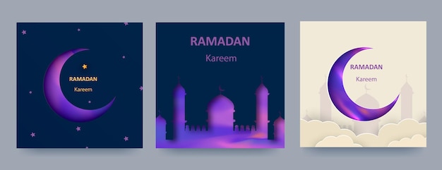 Ramadan Kareem set  3d paper cut islamic lanterns, stars and moon