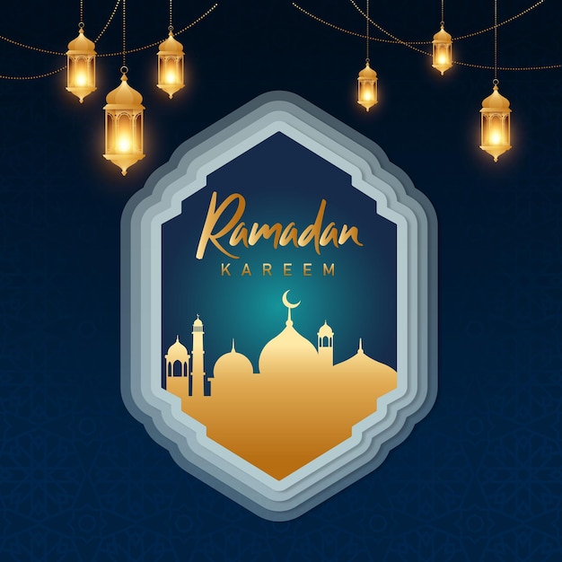 ramadan kareem social media banner template with crescent and islamic lanterns