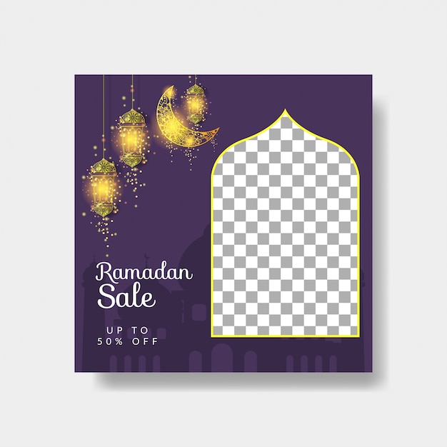 ramadan kareem social media sale banner template with golden moon and lamp on purple background