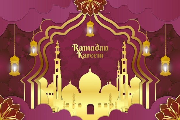 Ramadan Kareem stylish Islamic background with gold mosque and red color