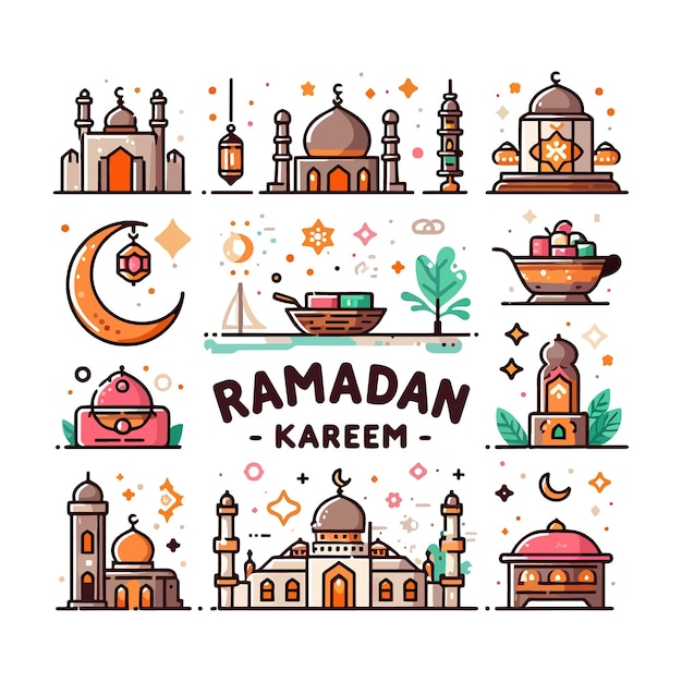 Ramadan Kareem text flat design template written in Arabic with modern colorful vector illustration