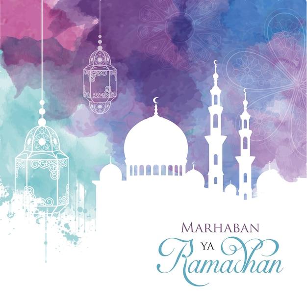 Ramadan Kareem Text with Mosque on Grey Mandala Pattern Background